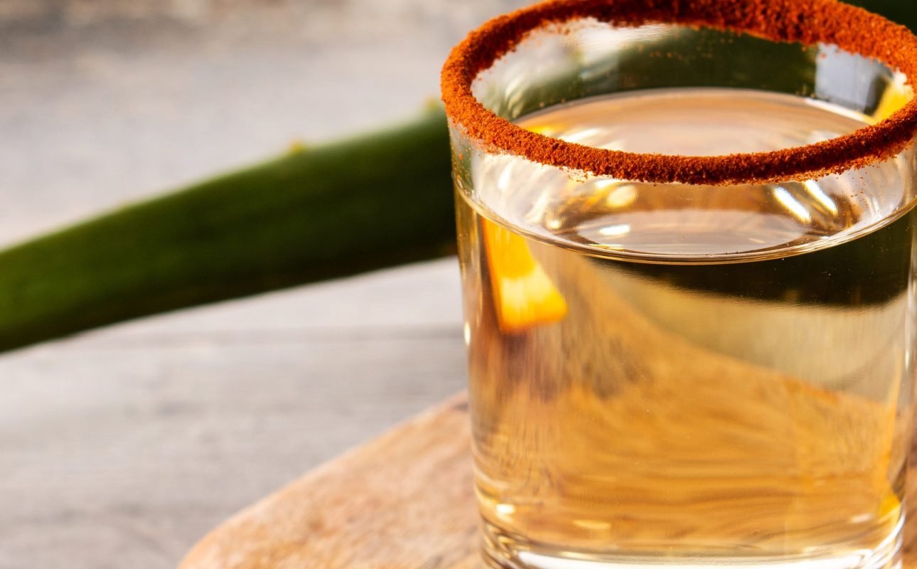 Mezcal Mexican drink with orange slices and worm salt Mezcal Mexican drink with orange slices and worm salt on wooden table